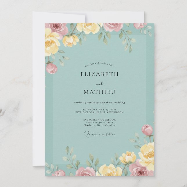 Invitation Mariage Pivoine Turquoise Pâle (Devant)