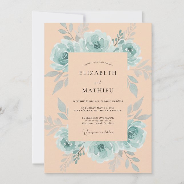 Invitation Mariage Pivoine Turquoise Pêche (Devant)