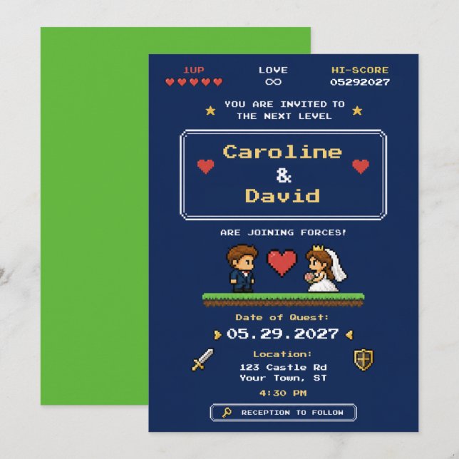 Invitation Mariage Pixel Art de Jeu Vidéo Rétro (Devant / Derrière)