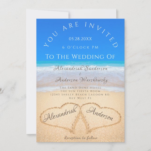 Invitation Mariage plage 2 Coeurs dans le Mariage de sable (Devant)