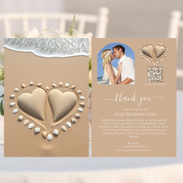 Invitation Mariage plage Coeurs de sable (Beach Wedding Sand Hearts Thank you Card)