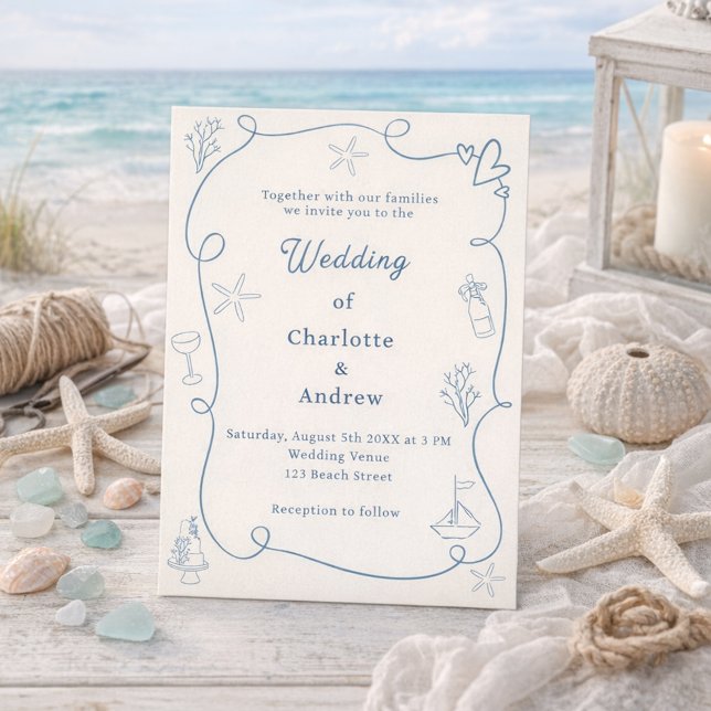 Invitation Mariage plage côtière bleu poussiéreux ivoire dess (Créateur téléchargé)