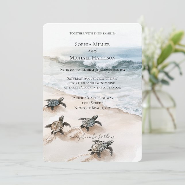 Invitation Mariage Plage Côtière Tortues de Mer Océan (Debout devant)