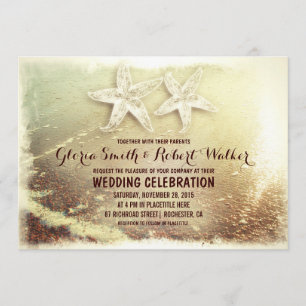 Invitation Mariage plage d'étoiles de mer couple et plage vag