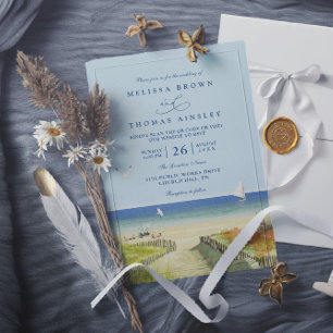 Invitation Mariage Plage Mer Tropical Sable Élégant Code QR