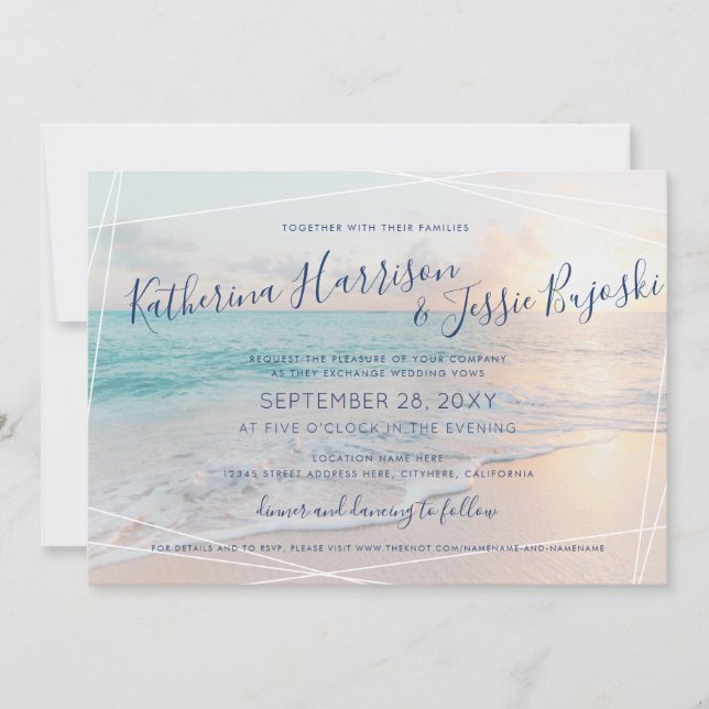 Invitation Mariage plage Ocean Sunset Rose & Turquoise (Devant)
