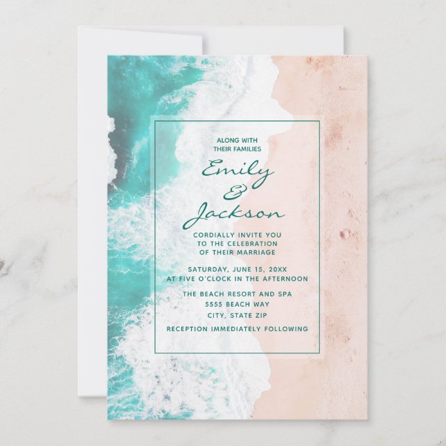 Invitation Mariage Plage Océan Tropical Sarcelle Blanc Marron (Devant)