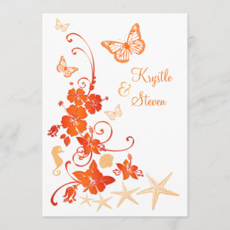 Invitation Mariage plage | Sable, Orange, Blanc | Fleurs