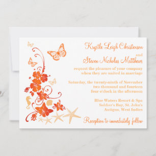 Invitation Mariage plage   Sable, Orange, Blanc   Fleurs