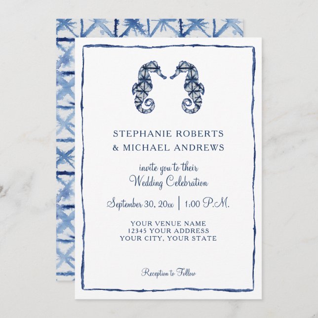 Invitation Mariage plage Shibori Indigo Aquarelle Seahorse (Devant / Derrière)