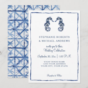 Invitation Mariage plage Shibori Indigo Aquarelle Seahorse