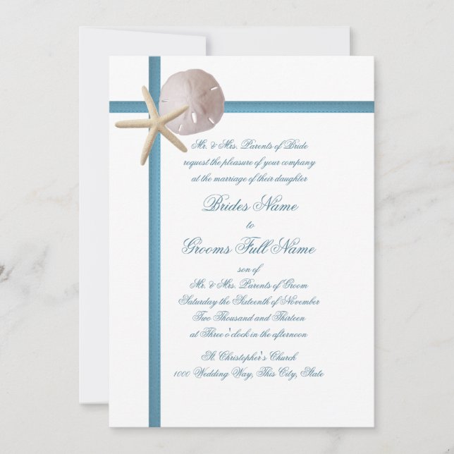 Invitation Mariage plage Starfish et sable Dollar bleu (Devant)