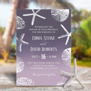 Invitation Mariage plage Starfish Seashell Dusty Purple Ombre