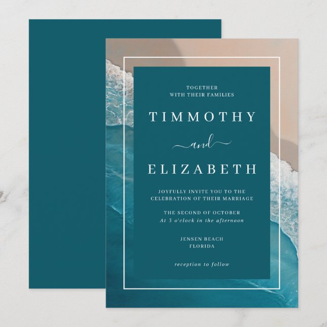Invitation Mariage plage Turquoise Blue Ocean Sand Mariage (Devant / Derrière)