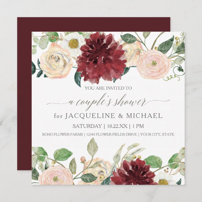 Invitation Mariage Pluie de Chrysanthème Marsala Rose (Devant / Derrière)