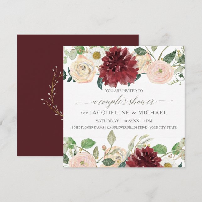 Invitation Mariage Pluie de Chrysanthèmes Automne Marsala Ros (Devant / Derrière)