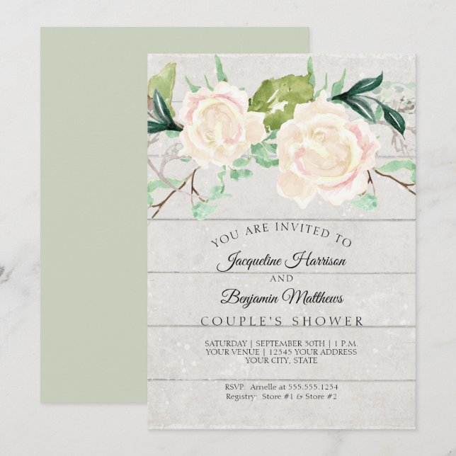 Invitation Mariage Pluie de Roses Aquarelle Ivoire Bois Rusti (Devant / Derrière)