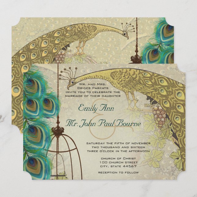 Invitation Mariage Plume Cage à Oiseaux Paon Vintage (Devant / Derrière)
