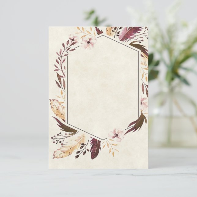 Invitation Mariage plumes bohème budget vierge (Debout devant)