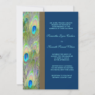 Invitation Mariage Plumes de Paon Or Bleu