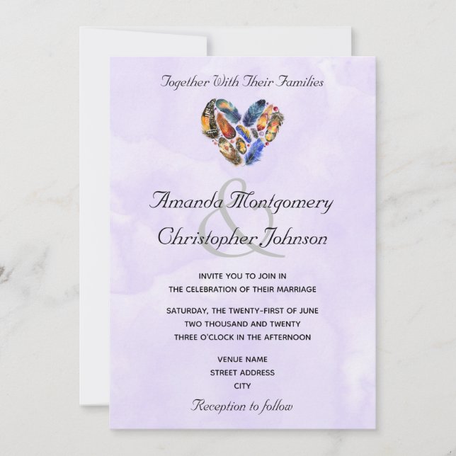 Invitation Mariage Plumes En Forme De Cœur (Devant)