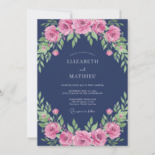 Invitation Mariage Poétique Bleu Nuit aux Pivoines