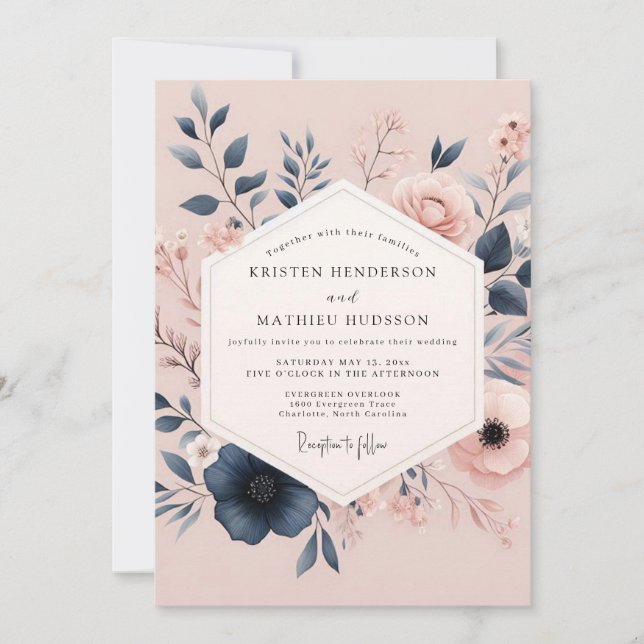 Invitation Mariage Poétique Floraison Rouge et Navy (Devant)