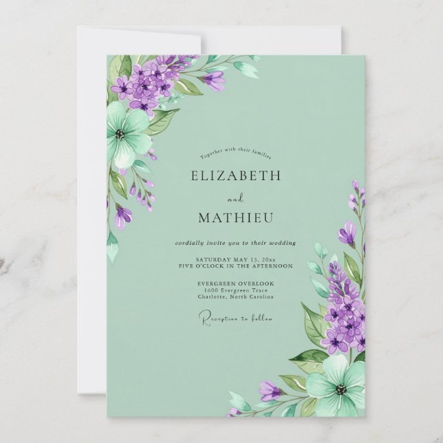 Invitation Mariage Poétique Lilas Vert Menthe (Devant)