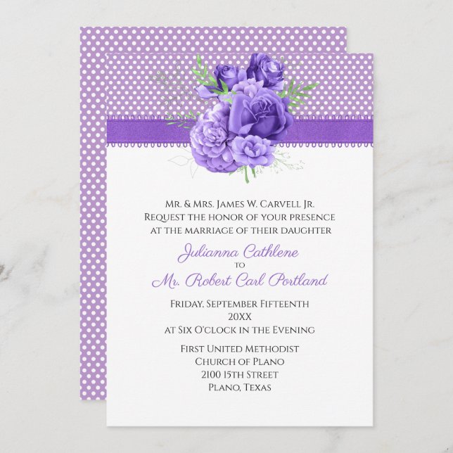 Invitation Mariage pois & Fleurs violettes (Devant / Derrière)