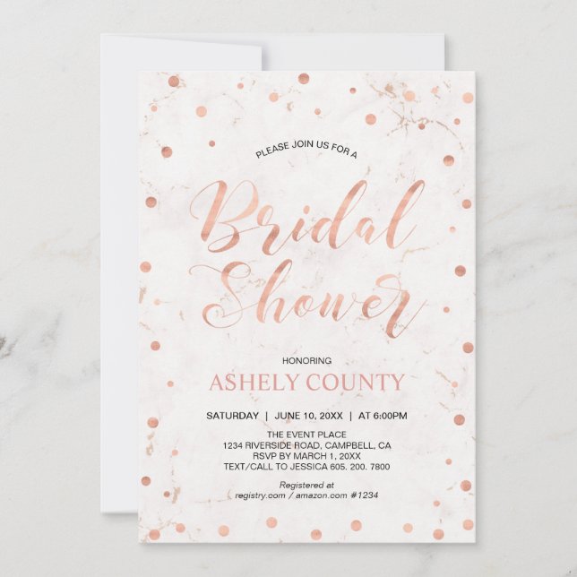 Invitation Mariage & pois, Moderne douche de mariée en or ros (Devant)
