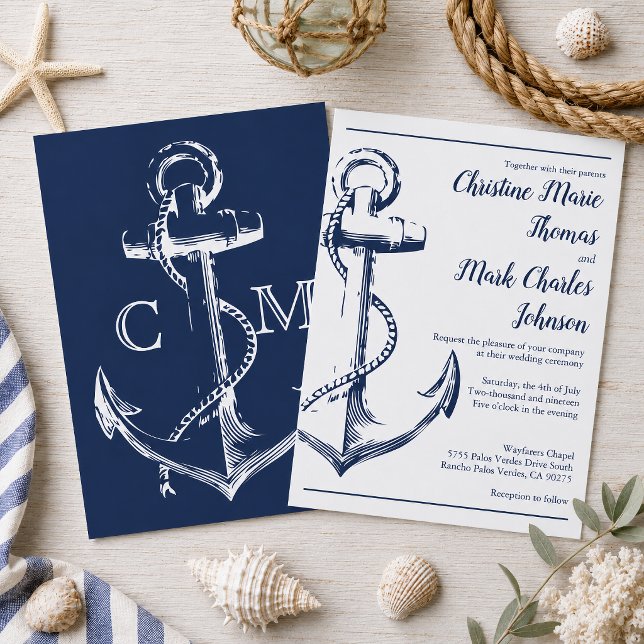 Invitation Mariage police de caractères script ancre esquisse (Tie the knot with this navy nautical sketch anchor wedding invitation. )