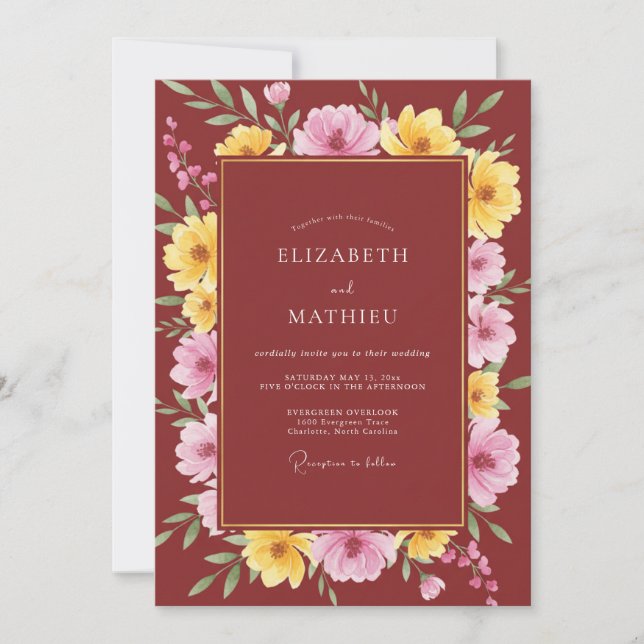 Invitation Mariage Poppy Or et Bordeaux (Devant)