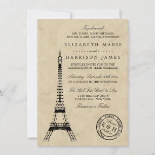 Invitation Mariage postal vintage Tour Eiffel Paris