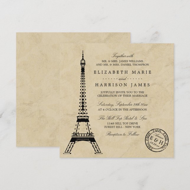 Invitation Mariage postal vintage Tour Eiffel Paris (Devant / Derrière)