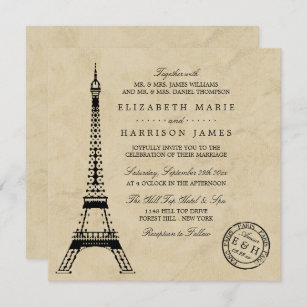 Invitation Mariage postal vintage Tour Eiffel Paris