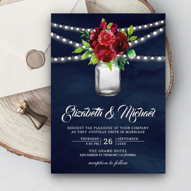 Invitation Mariage Pot Mason Floral Rouge Bourgogne Bleu Mari (Créateur téléchargé)