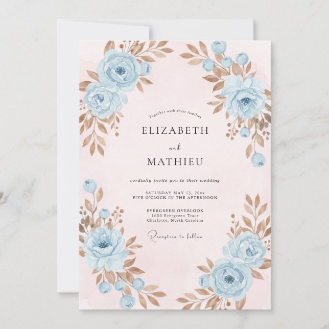 Invitation Mariage Poudre Bleu Cuivre Feuillu (Devant)