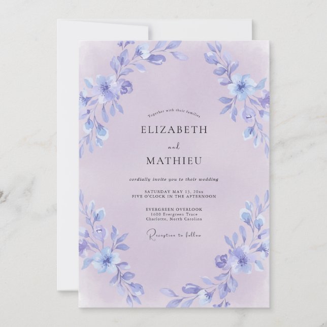 Invitation Mariage Poudré Lilas Pervenche Peint (Devant)