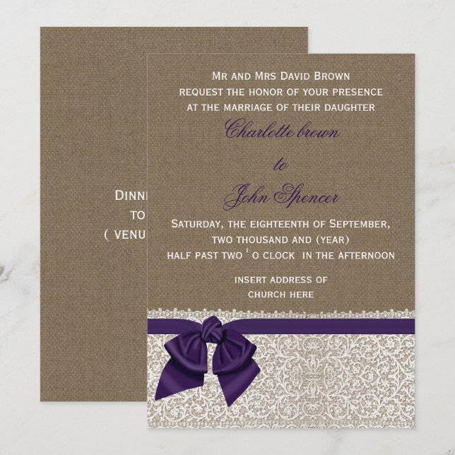 Invitation Mariage pourpre Burlap et dentelle (Devant / Derrière)