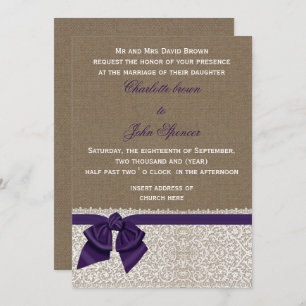 Invitation Mariage pourpre Burlap et dentelle