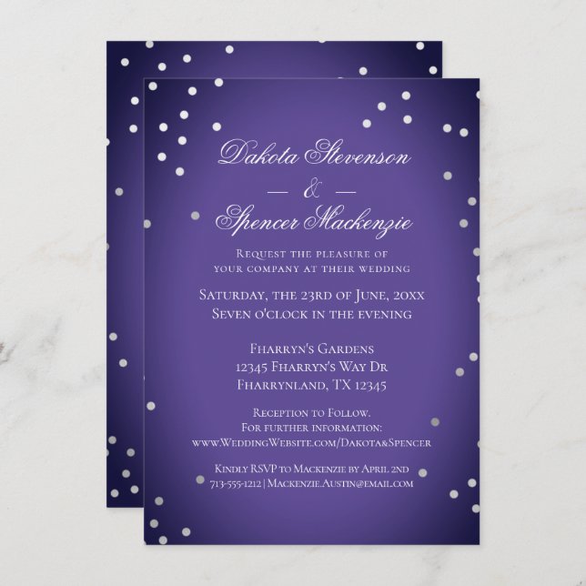 Invitation Mariage pourpre | Chic Ultra Violet Argent Confett (Devant / Derrière)