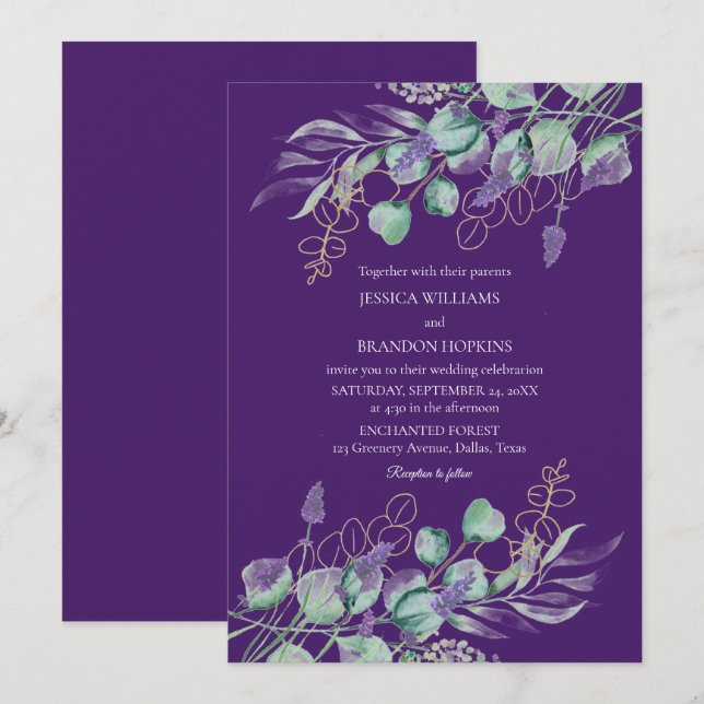 Invitation Mariage pourpre de lavande d'Eucalyptus botanique (Devant / Derrière)