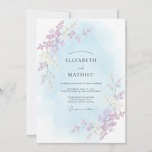 Invitation Mariage Poussière de Pervenche et Vigne Lilas (Devant)