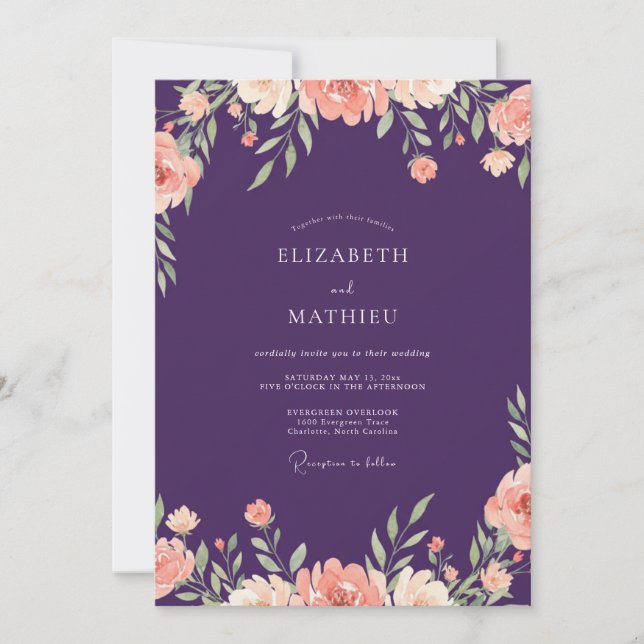 Invitation Mariage Poussière de Prune Pétales de Pêche (Devant)