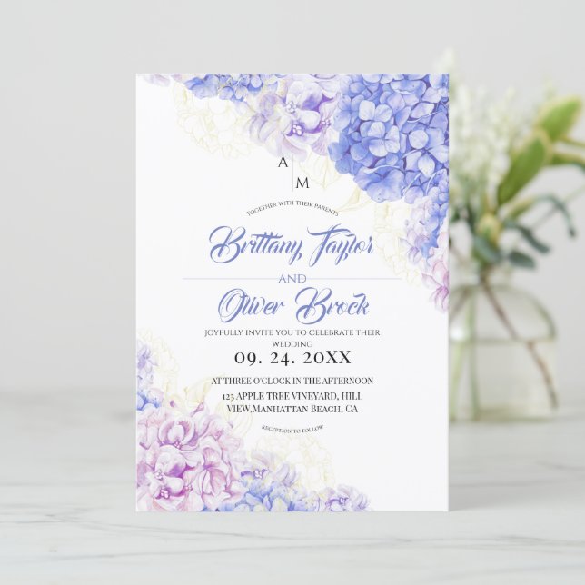 Invitation Mariage Poussière de Rose et Hydrangea Bleu Marine (Debout devant)