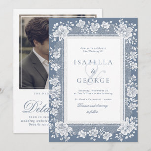 Invitation Mariage poussiéreux bleu dentelle Old Money QR Pho