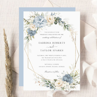 Invitation Mariage Poussiéreux Bleu Floral Vert Doré