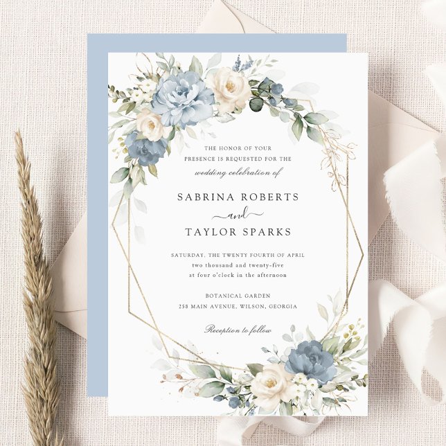Invitation Mariage Poussiéreux Bleu Floral Vert Doré (Créateur téléchargé)