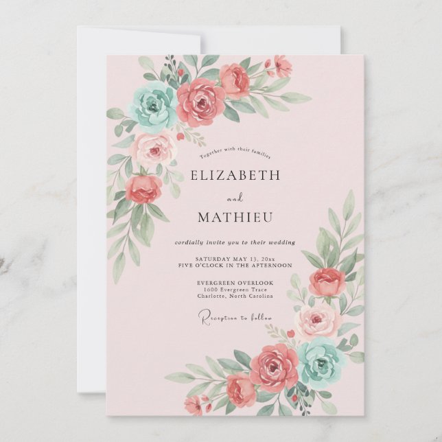 Invitation Mariage poussiéreux corail aqua fleur (Devant)