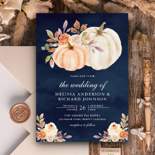 Invitation Mariage poussiéreux pêche floral citrouille bleu m